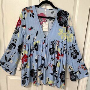 NWT Free People Bella Tunic Top, size XS Blue floral